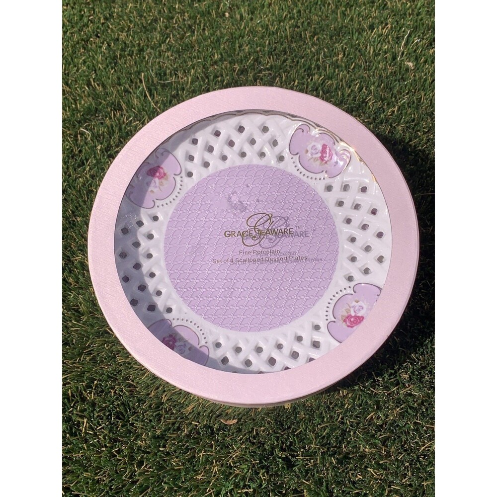 4- Grace Teaware Lavender & Gold Rose 7.5" Porcelain Pierced Dessert Plate Set